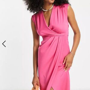 ASOS Closet London tie waist drape pencil midi dress in fuchsia pink
